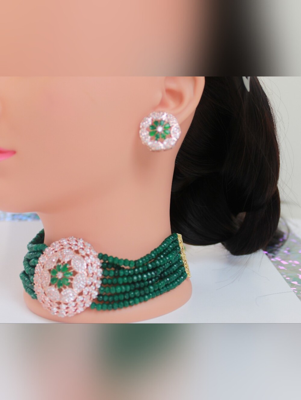 Emerald Green Beaded Choker Necklace and Earrings Set